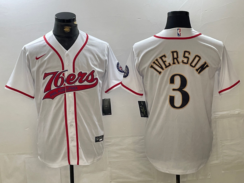 Men's Philadelphia 76ers #3 Allen Iverson White With Patch Cool Base Stitched Baseball Jersey