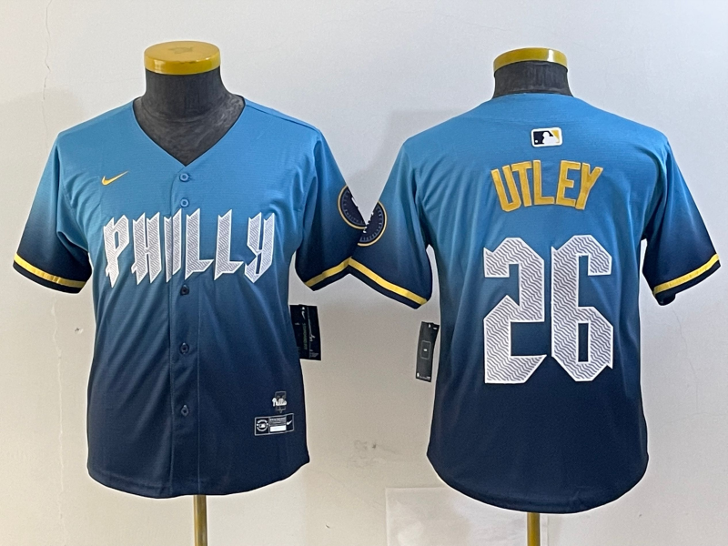 Youth Philadelphia Phillies #26 Chase Utley Blue 2024 City Connect Limited Stitched Jersey