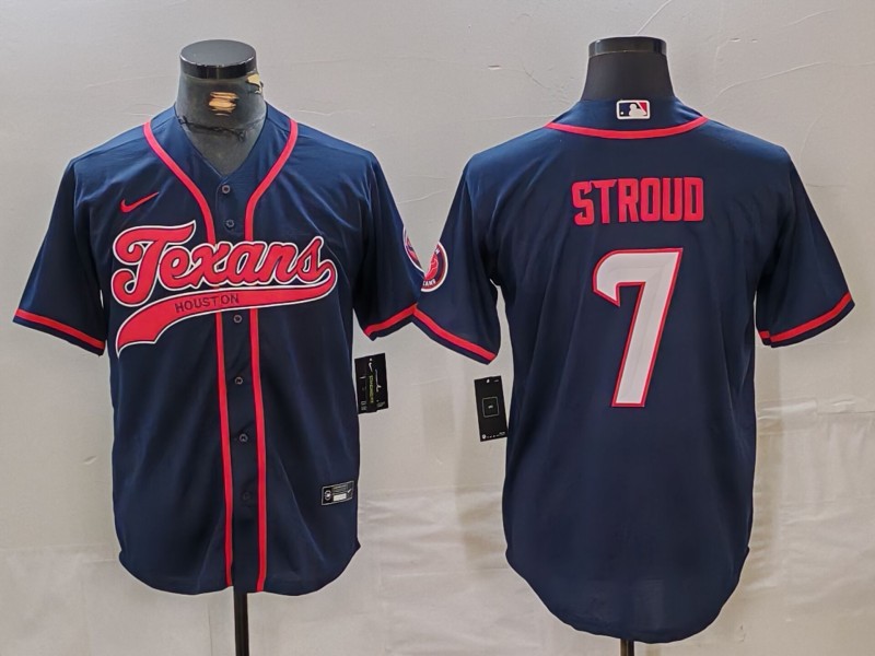 Men's Houston Texans #7 CJ Stroud Navy With Patch Cool Base Stitched Baseball Jersey