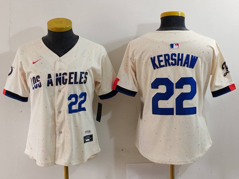 Women's Los Angeles Dodgers #22 Clayton Kershaw Number Cream 2024 City Connect Limited Stitched Jerseys