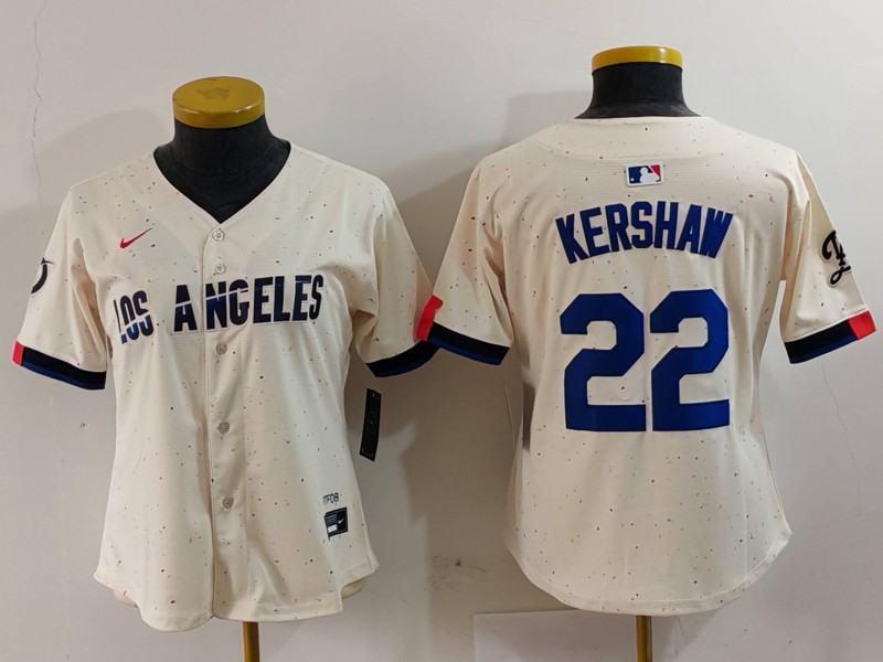 Women's Los Angeles Dodgers #22 Clayton Kershaw Cream 2024 City Connect Limited Stitched Jersey