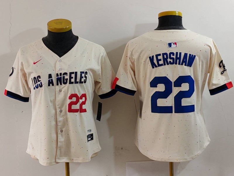 Women's Los Angeles Dodgers #22 Clayton Kershaw Number Cream 2024 City Connect Limited Stitched Jersey