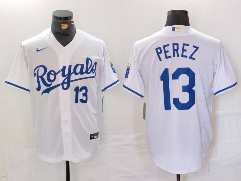 Men's Kansas City Royals #13 Salvador Perez Number White Cool Base Stitched Jersey