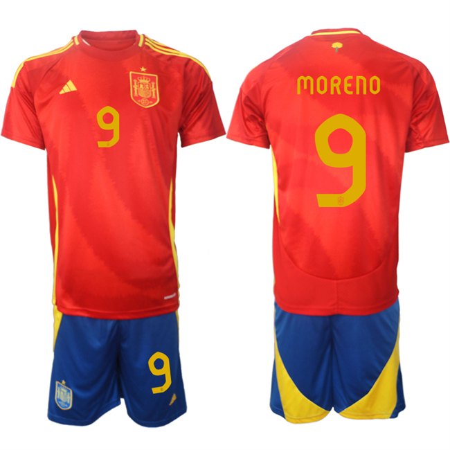 Men's Spain Team #9 Gerard Moreno 2024-25 Red Home Soccer Jersey Suit