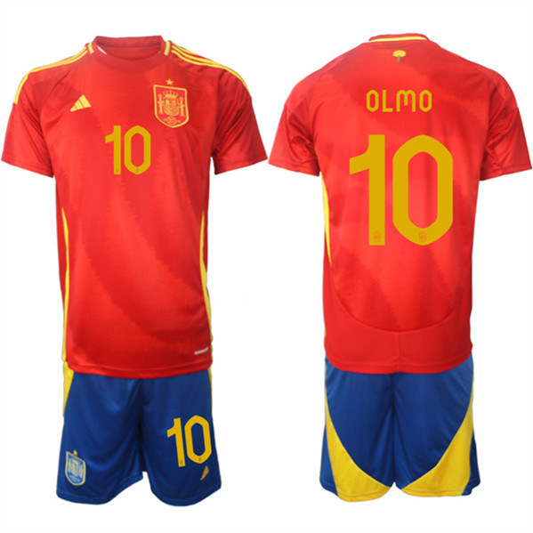 Men's Spain Team #10 Dani Olmo 2024-25 Red Home Soccer Jersey Suit