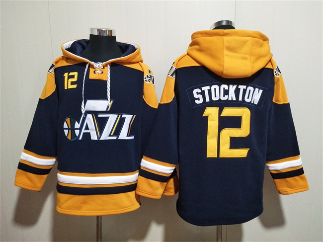 Men's Utah Jazz #12 John Stockton Navy Yellow Lace-Up Pullover Hoodie