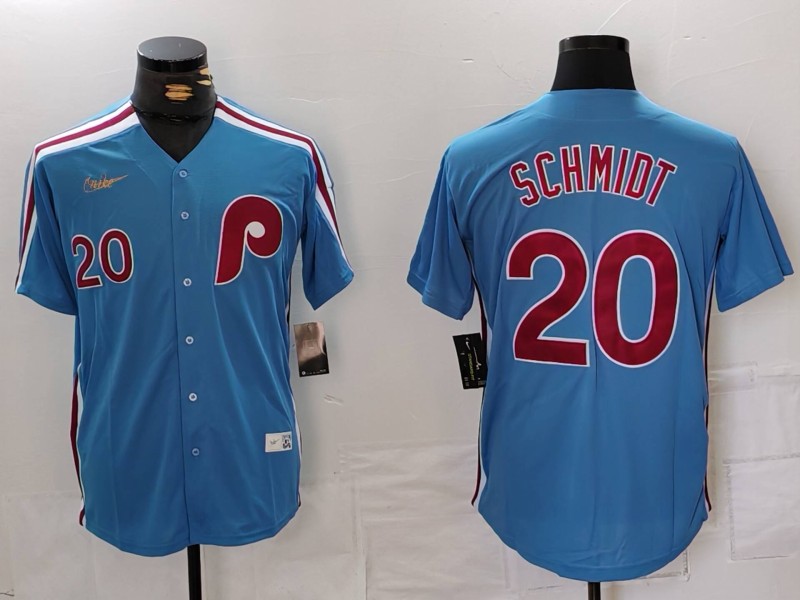 Men's Philadelphia Phillies #20 Mike Schmidt Number Light Blue Cooperstown Cool Base Jersey