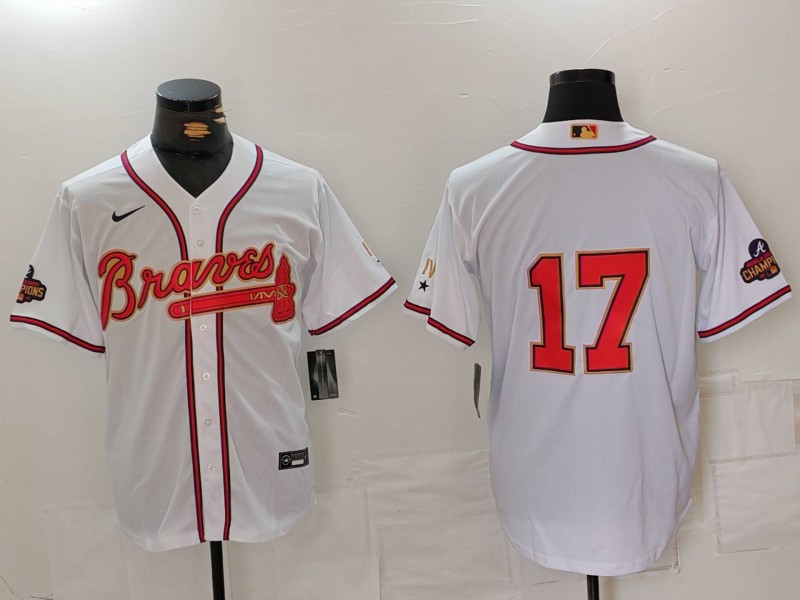 Men's Atlanta Braves #17 Andy Messersmith White Gold World Series Champions Cool Base Stitched Jersey