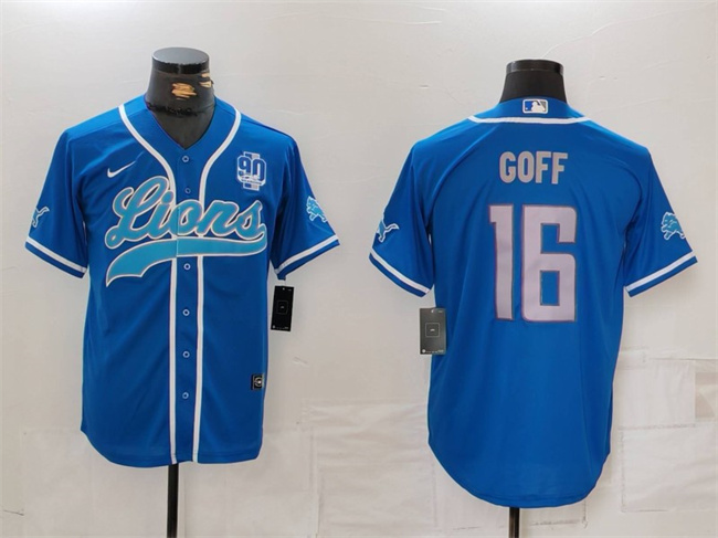 Men's Detroit Lions #16 Jared Goff Blue With 90th Anniversary Patch Cool Base Stitched Baseball Jersey