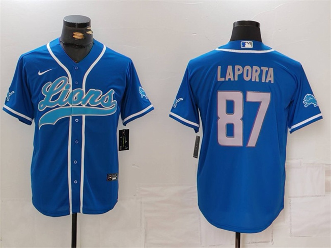 Men's Detroit Lions #87 Sam LaPorta Blue Cool Base Stitched Baseball Jersey