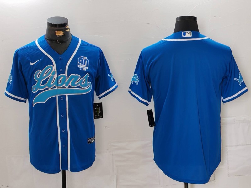 Men's Detroit Lions Blank Blue With 90th Patch Cool Base Stitched Baseball Jersey