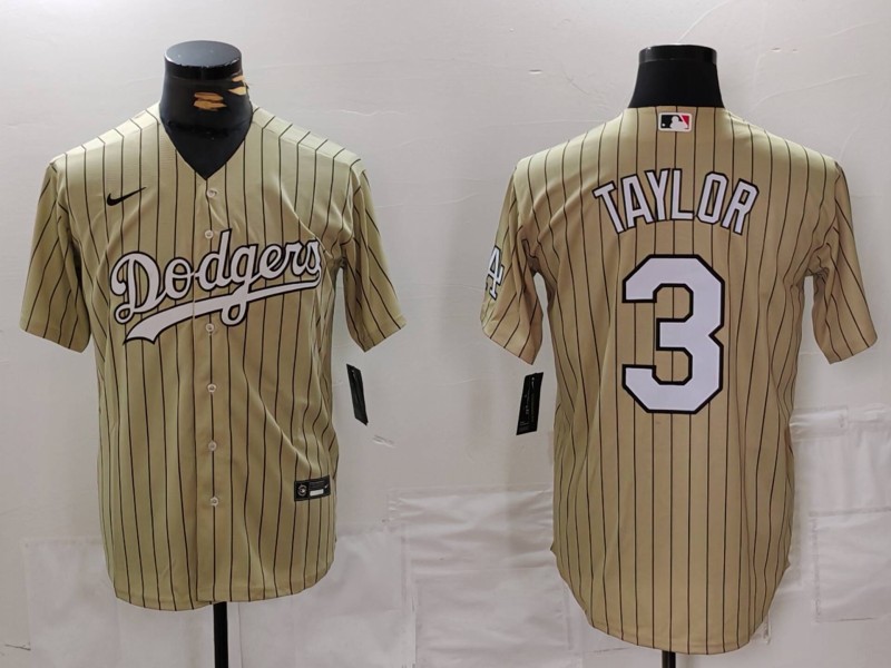 Men's Los Angeles Dodgers #3 Chris Taylor Cream Pinstripe Stitched Cool Base Nike Jersey