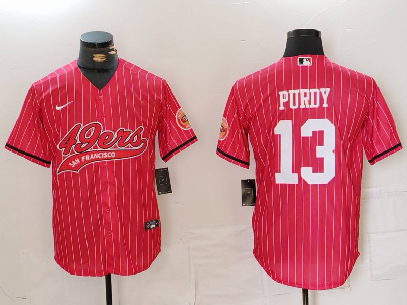 Men's San Francisco 49ers #13 Brock Purdy Red Pinstripe With Patch Cool Base Stitched Baseball Jersey