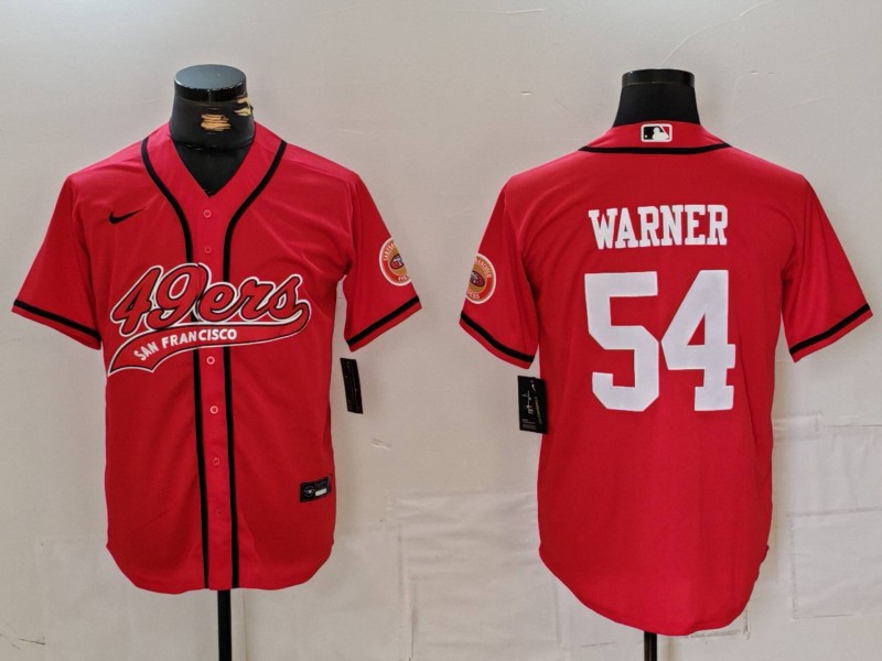 Men's San Francisco 49ers #54 Fred Warner Red With Patch Cool Base Stitched Baseball Jersey