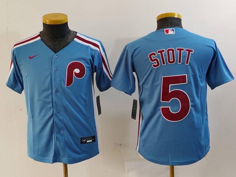 Youth Philadelphia Phillies #5 Bryson Stott Light Blue Cooperstown Cool Base Jersey