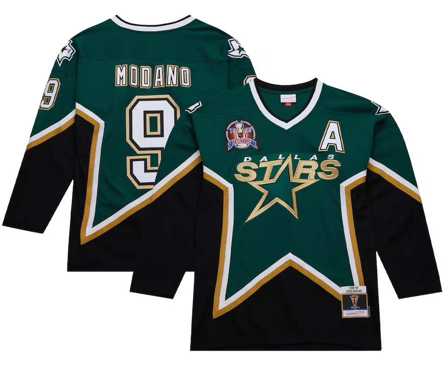 Men's Mitchell & Ness Dallas Stars #9 Mike Modano Green Alternate Captain 1998-99 Stanley Cup Stitched Throwback Jersey