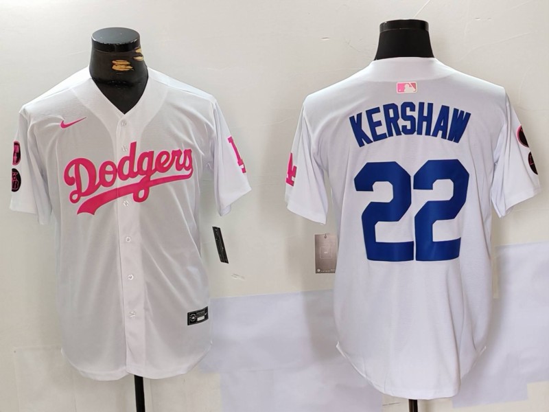 Men's Los Angeles Dodgers #22 Clayton Kershaw White Pink Vin & Kobe Patch Stitched Baseball Jersey