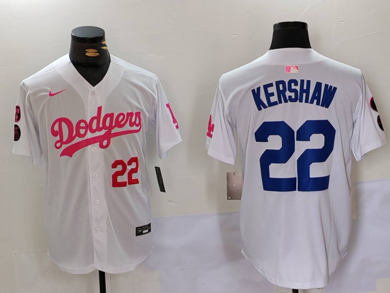 Men's Los Angeles Dodgers #22 Clayton Kershaw White Pink Vin & Kobe Patch Stitched Baseball Jerseys