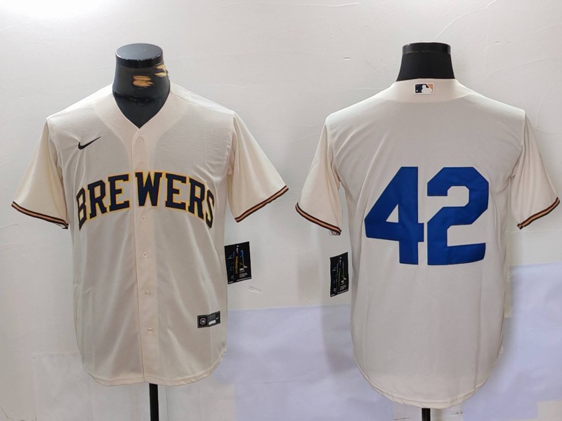 Men's Milwaukee Brewers #42 Jackie Robinson Cream Cool Base Stitched Jersey