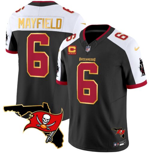 Men's Tampa Bay Buccaneers #6 Baker Mayfield Black White With Florida Patch Gold Trim Vapor Football Stitched Jersey