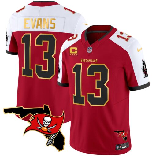 Men's Tampa Bay Buccaneers #13 Mike Evans Red White With Florida Patch Gold Trim Vapor Football Stitched Jersey