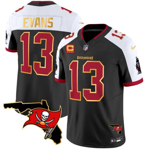 Men's Tampa Bay Buccaneers #13 Mike Evans Black White With Florida Patch Gold Trim Vapor Football Stitched Jersey