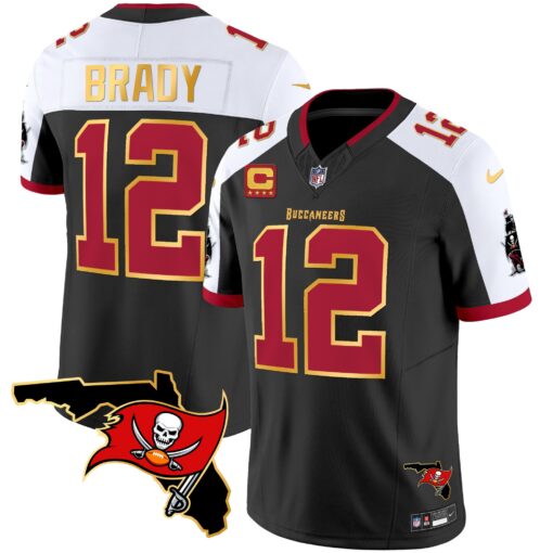 Men's Tampa Bay Buccaneers #12 Tom Brady Black White With Florida Patch Gold Trim Vapor Football Stitched Jersey