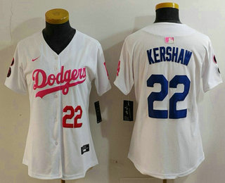 Women's Los Angeles Dodgers #22 Clayton Kershaw Number White Pink With Patch Limited Stitched Jersey