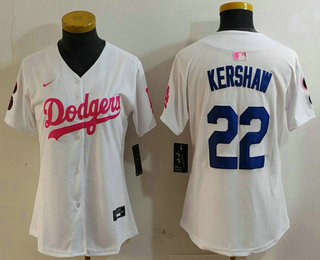 Women's Los Angeles Dodgers #22 Clayton Kershaw White Pink With Patch Limited Stitched Jersey