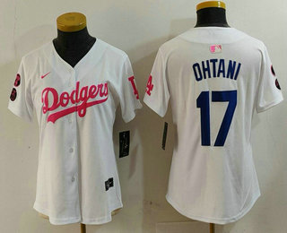 Women's Los Angeles Dodgers #17 Shohei Ohtani White Pink With Patch Limited Stitched Jersey