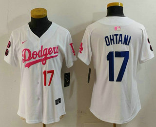 Women's Los Angeles Dodgers #17 Shohei Ohtani Number White Pink With Patch Limited Stitched Jersey