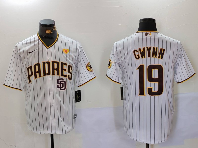 Men's San Diego Padres #19 Tony Gwynn White SD With PS Patch Cool Base Stitched Baseball Jersey