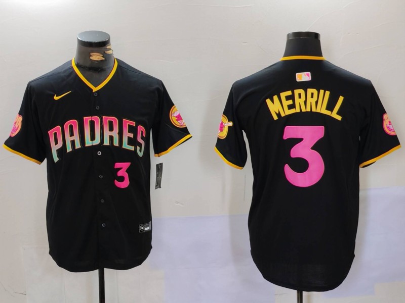 Men's San Diego Padres #3 Jackson Merrill Number Black Cool Base Stitched Baseball Jersey