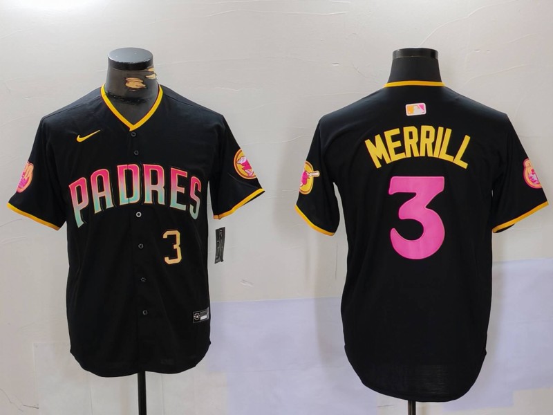 Men's San Diego Padres #3 Jackson Merrill Number Black Cool Base Stitched Baseball Jerseys