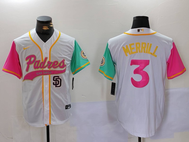 Men's San Diego Padres #3 Jackson Merrill White Pink SD 2022 City Connect Cool Base Stitched Baseball Jersey