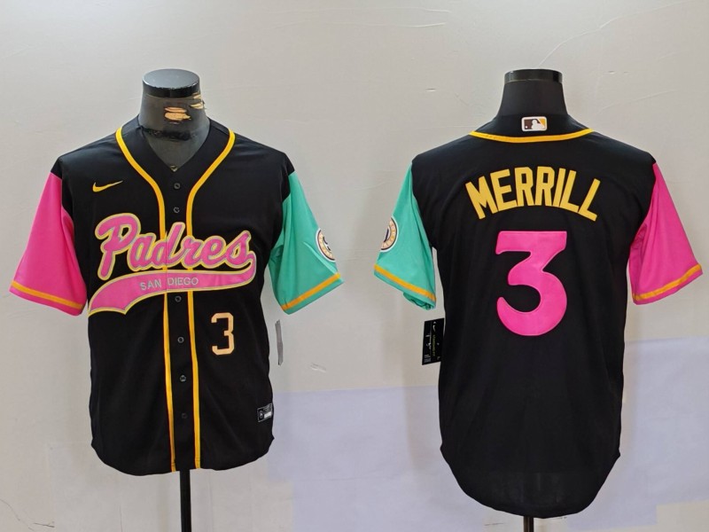 Men's San Diego Padres #3 Jackson Merrill Black Number Cool Base Stitched Baseball Jersey