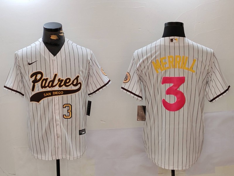 Men's San Diego Padres #3 Jackson Merrill Number White Cool Base Stitched Baseball Jersey