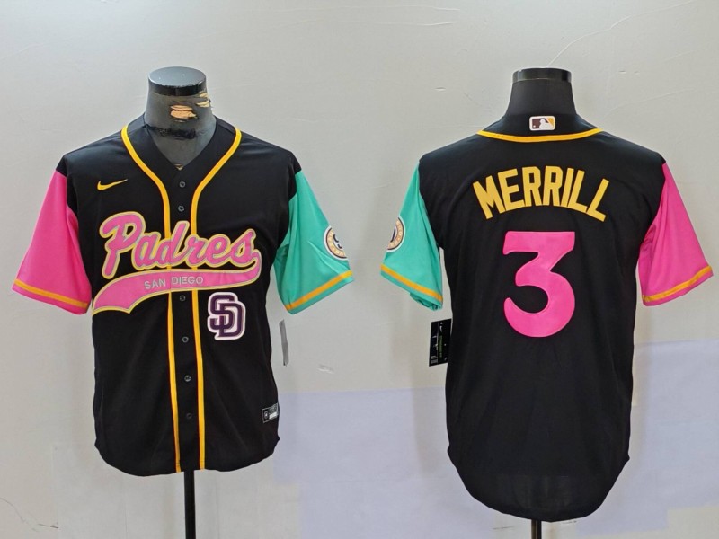 Men's San Diego Padres #3 Jackson Merrill Black SD Cool Base Stitched Baseball Jerseys