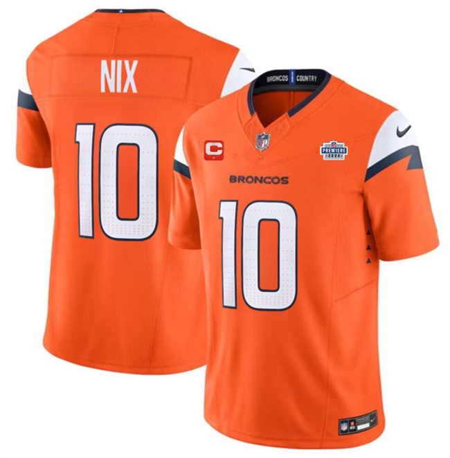 Men's Denver Broncos #10 Bo Nix Orange 2024 F.U.S.E. With Draft Pacth and 1-Star C Patch Vapor Limited Stitched Football Jersey