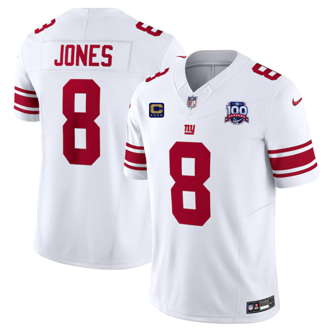 Men's New York Giants #8 Daniel Jones White 2024 F.U.S.E. With 4-Star C Patch And 100TH Season Patch Vapor Untouchable Limited Stitched Jersey