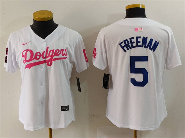 Youth Los Angeles Dodgers #5 Freddie Freeman White_Pink Vin & Kobe Patch Stitched Baseball Jersey