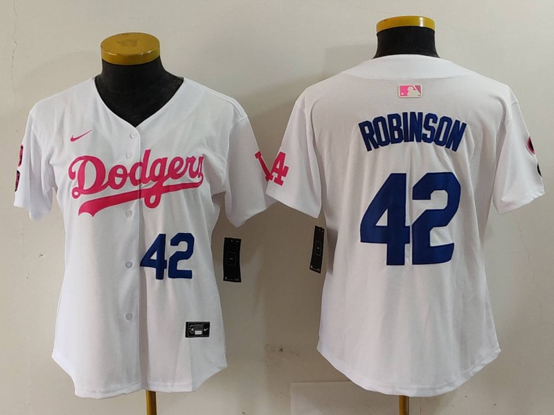 Women's Los Angeles Dodgers #42 Jackie Robinson White Pink With Patch Limited Stitched Jerseys