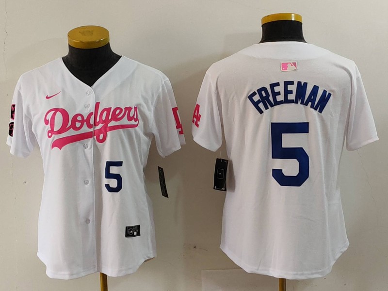 Womens Los Angeles Dodgers #5 Freddie Freeman White Pink With Patch Limited Stitched Jersey