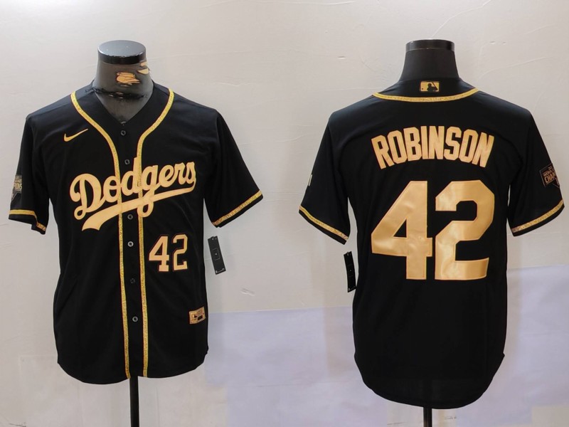 Men's Los Angeles Dodgers #42 Jackie Robinson Number Black Gold World Series Champions Cool Base Stitched Jersey