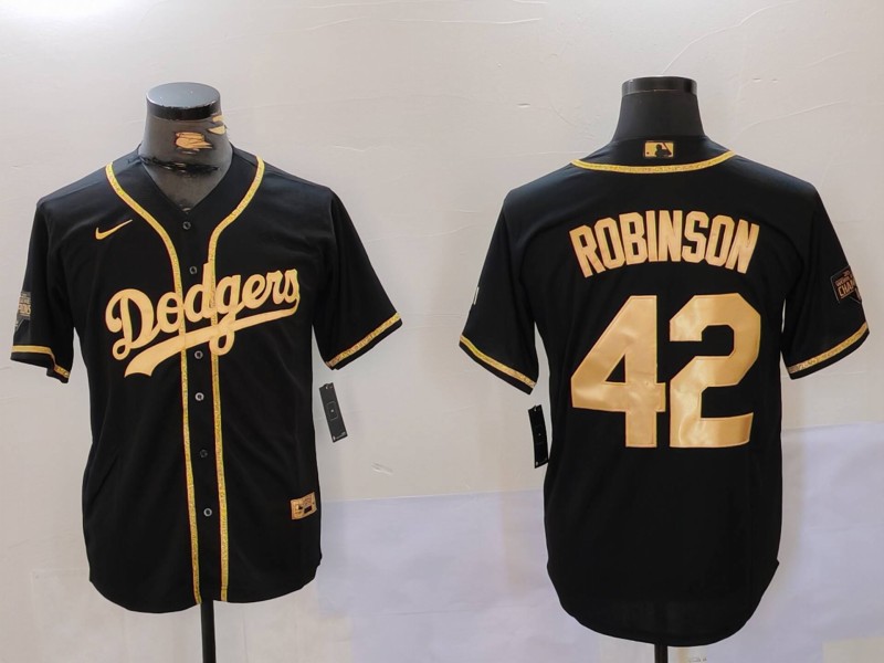 Men's Los Angeles Dodgers #42 Jackie Robinson Black Gold World Series Champions Cool Base Stitched Jersey