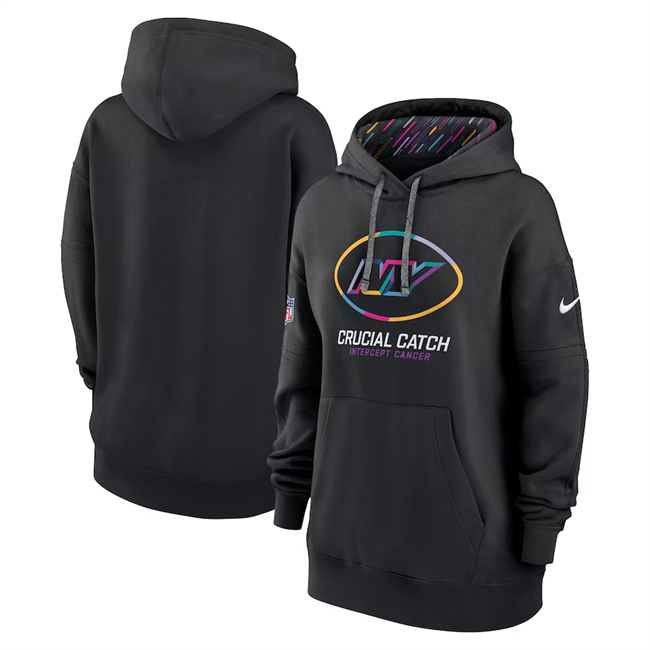 Women's New York Jets Black 2024 Crucial Catch Club Pullover Hoodie(Run Small)