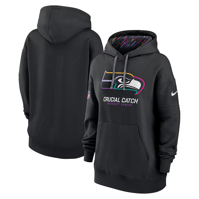 Women's Seattle Seahawks Black 2024 Crucial Catch Club Pullover Hoodie(Run Small)