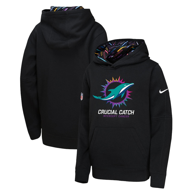 Youth Miami Dolphins Black 2024 Crucial Catch Club Pullover Hoodie