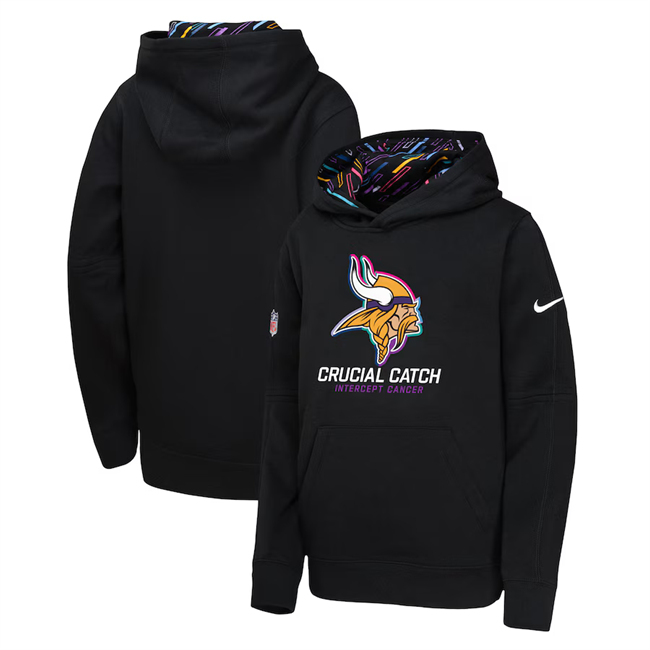 Youth Minnesota Vikings Black 2024 Crucial Catch Club Pullover Hoodie