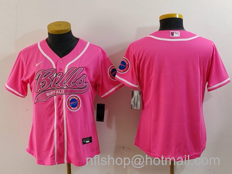 Women's Buffalo Bills Blank Pink Team Big Logo With Patch Cool Base Stitched Baseball Jersey